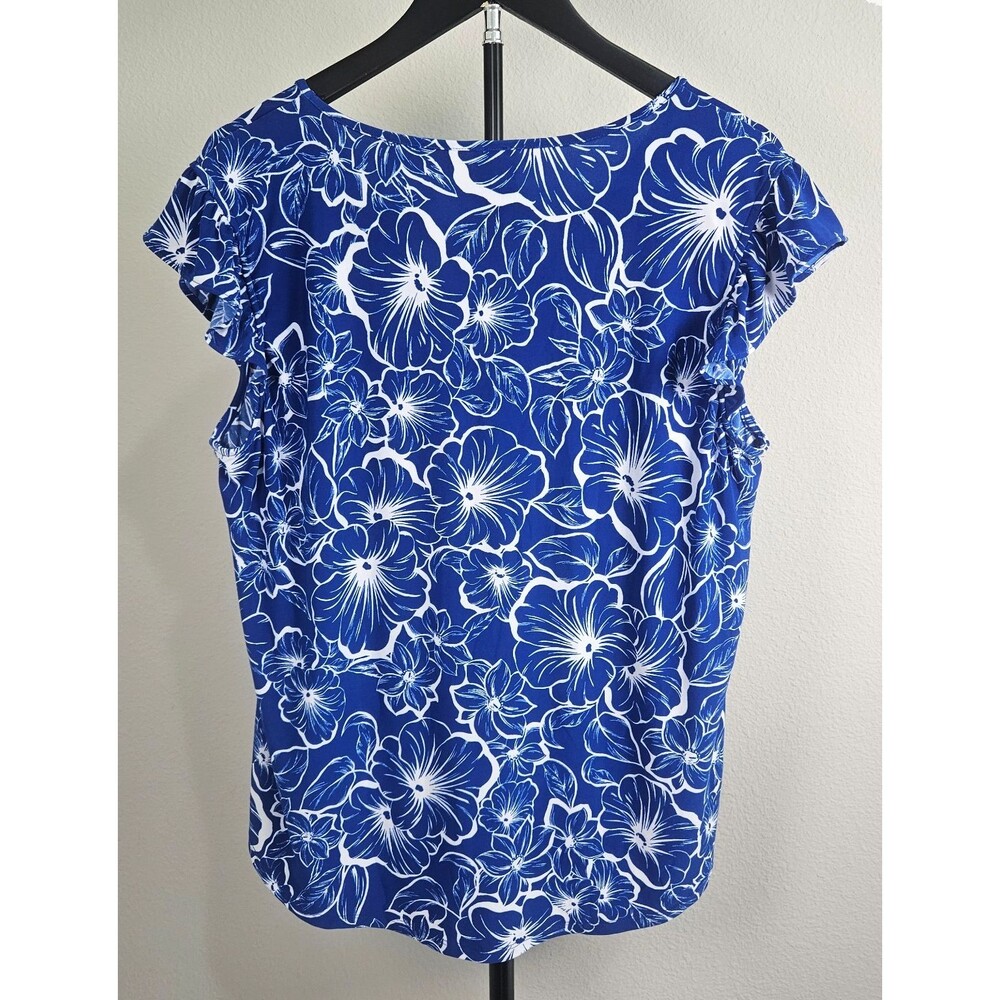 Anne Klein AK Womens Large Blue Floral Blouse Top Flutter Sleeve Tropical - Picture 6 of 10